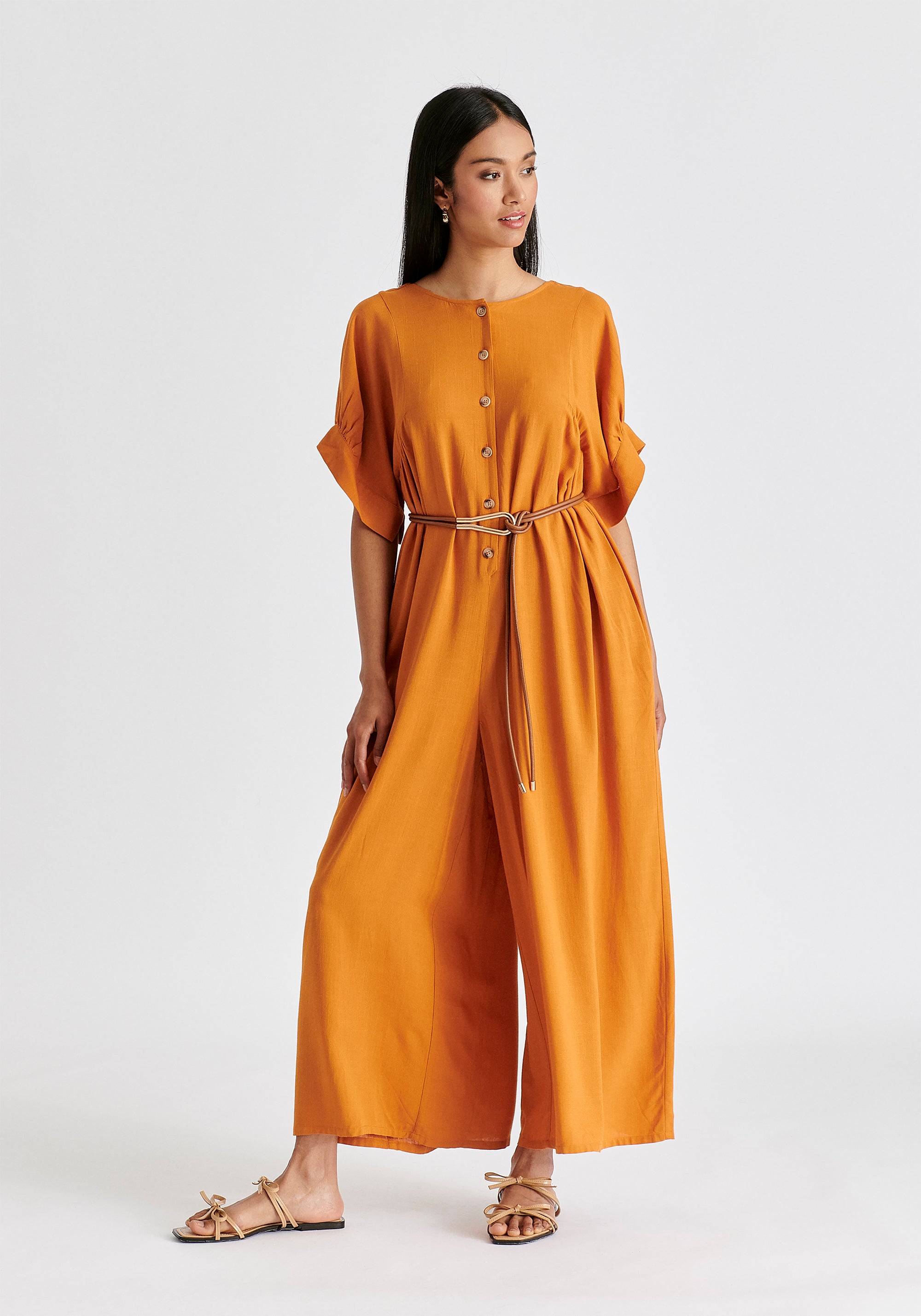 Relaxed Fit Wide Leg Jumpsuit with Belt in Ochre Yellow Front