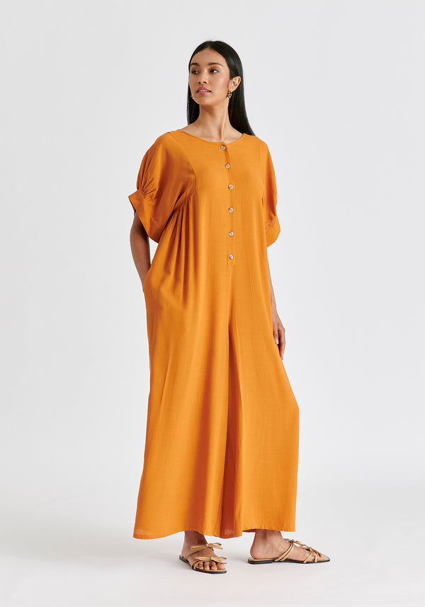 Relaxed Fit Wide Leg Jumpsuit with Belt in Ochre Yellow Side