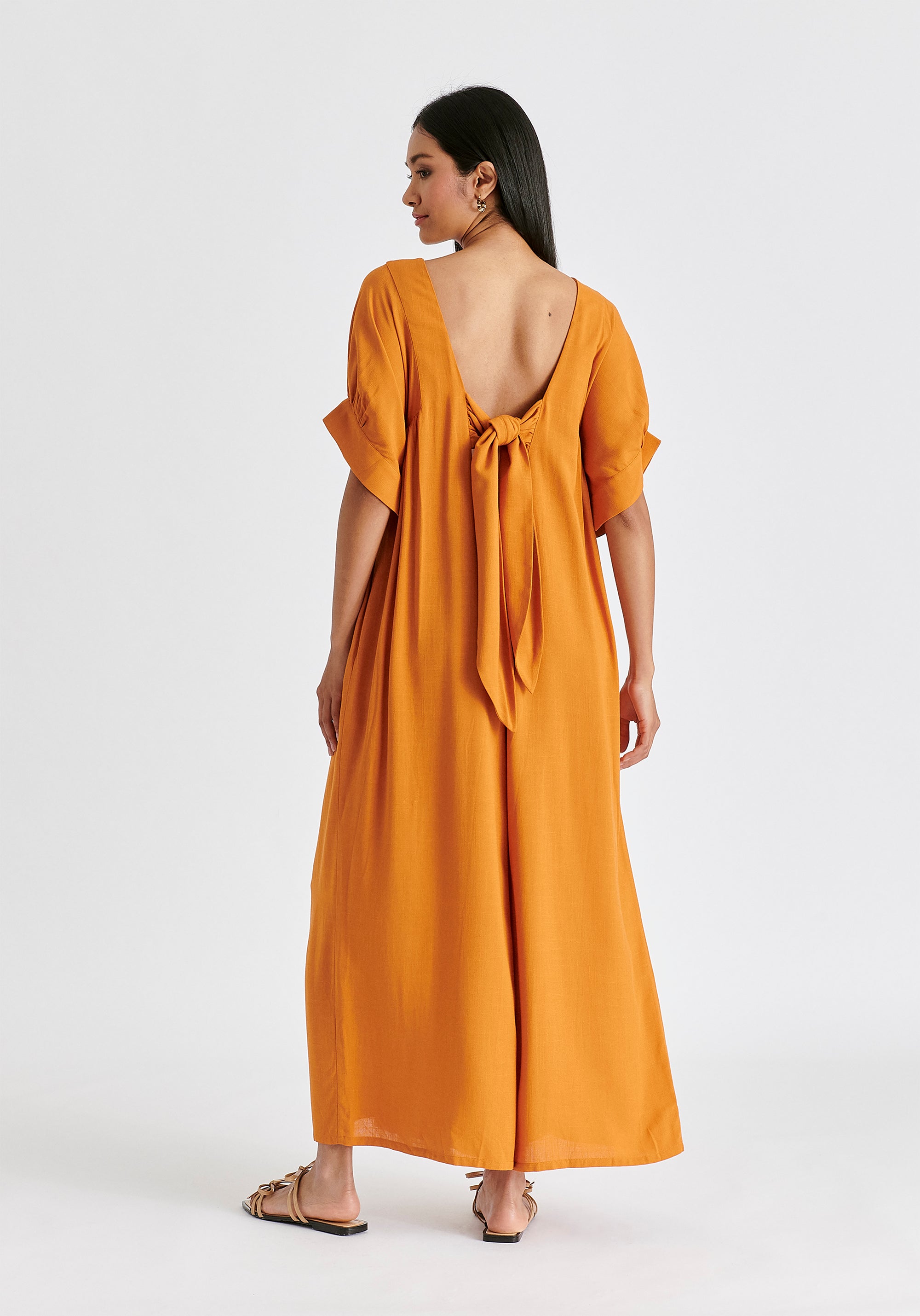 Relaxed Fit Wide Leg Jumpsuit with Belt in Ochre Yellow Back