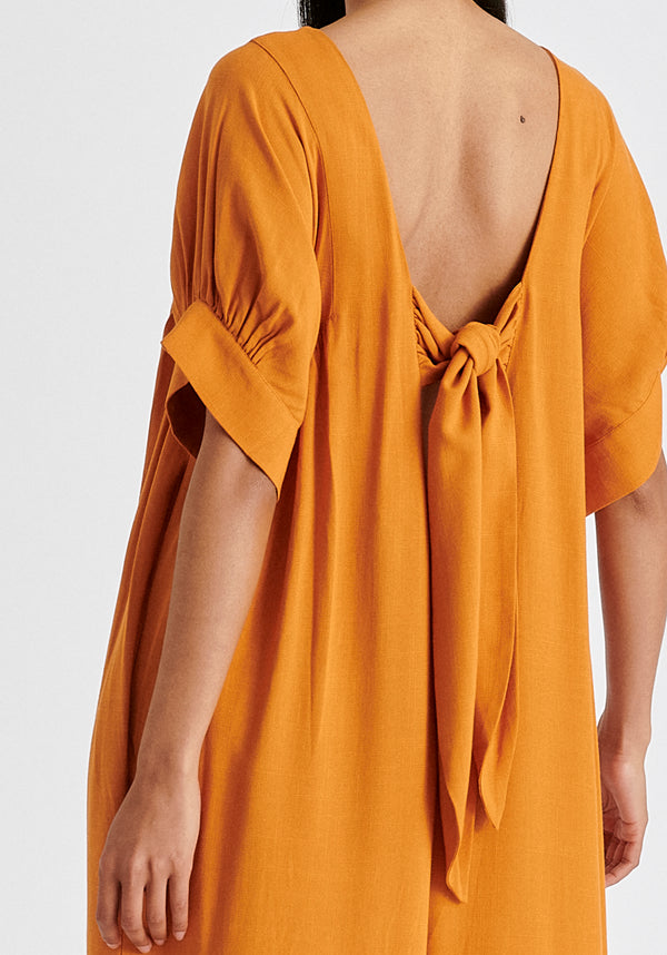 Relaxed Fit Wide Leg Jumpsuit with Belt in Ochre Yellow Closeup