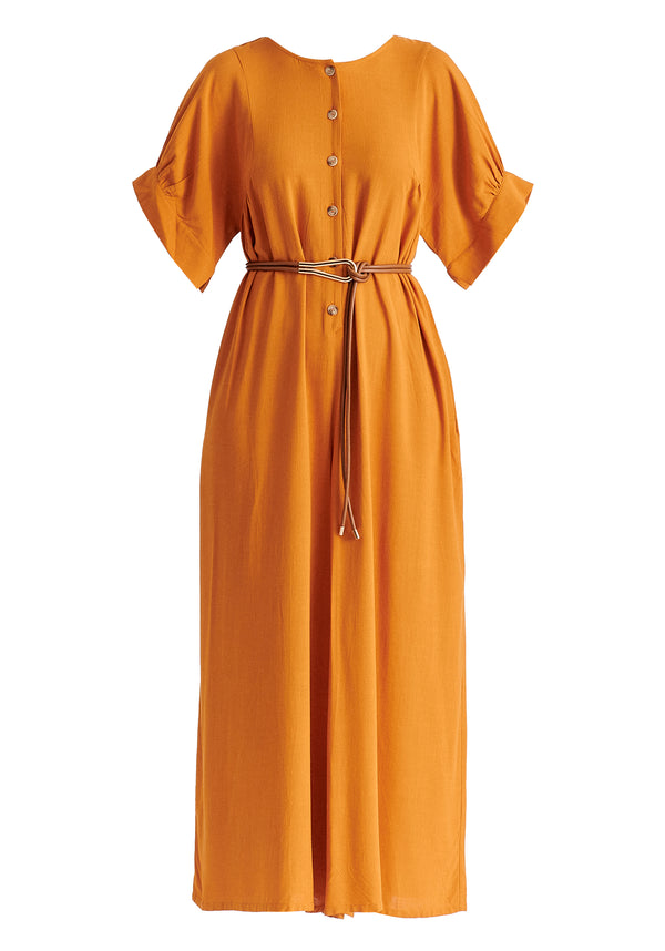 Relaxed Fit Wide Leg Jumpsuit with Belt in Ochre Yellow Cutout
