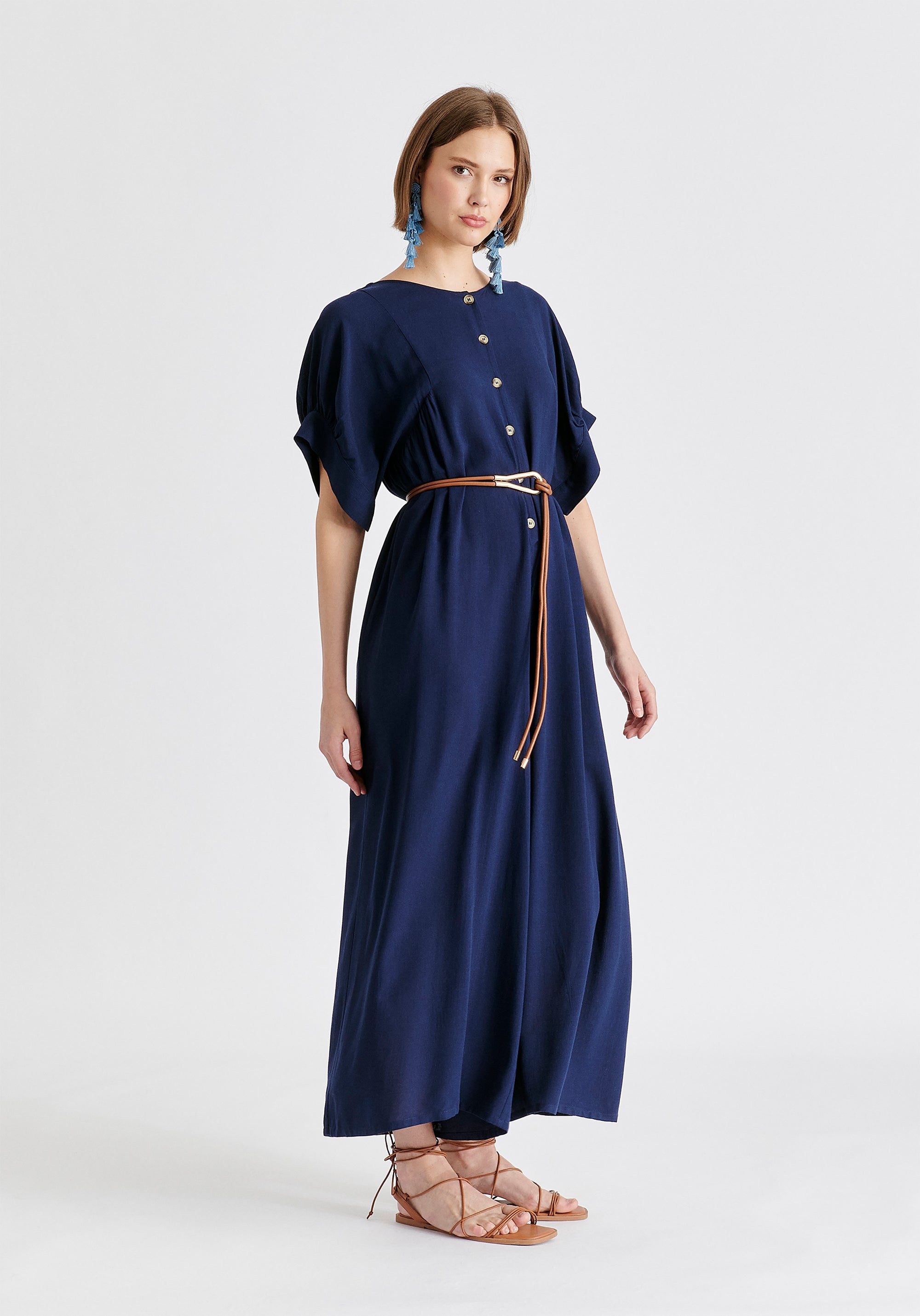 Relaxed Fit Wide Leg Jumpsuit with Belt in Navy Side