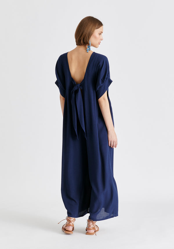 Relaxed Fit Wide Leg Jumpsuit with Belt in Navy Back