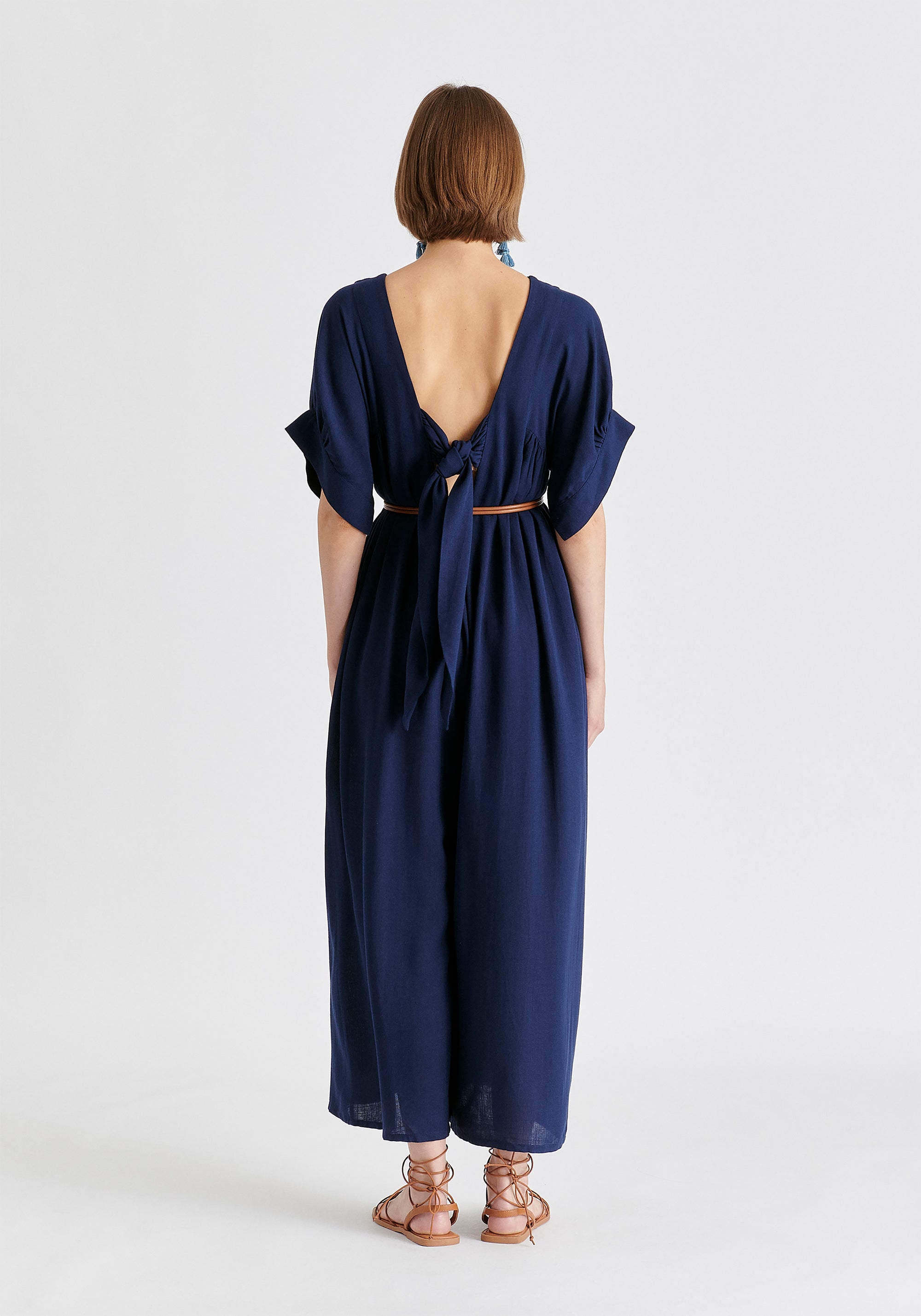Relaxed Fit Wide Leg Jumpsuit with Belt in Navy Back