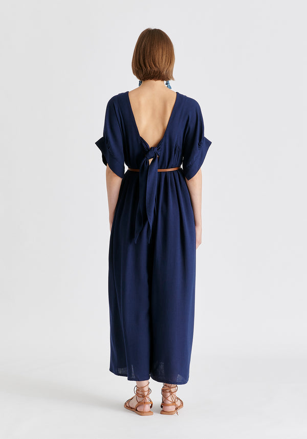 Relaxed Fit Wide Leg Jumpsuit with Belt in Navy Back