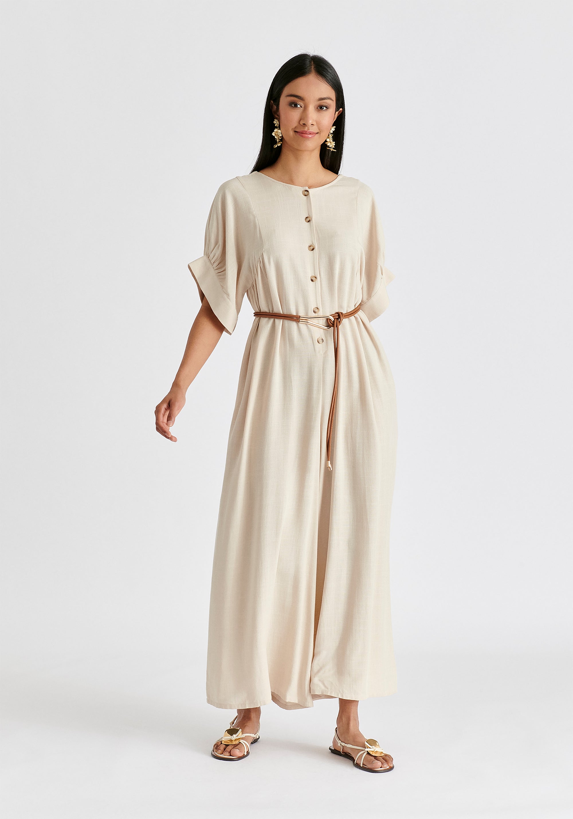 Relaxed Fit Wide Leg Jumpsuit with Belt in Oatmeal