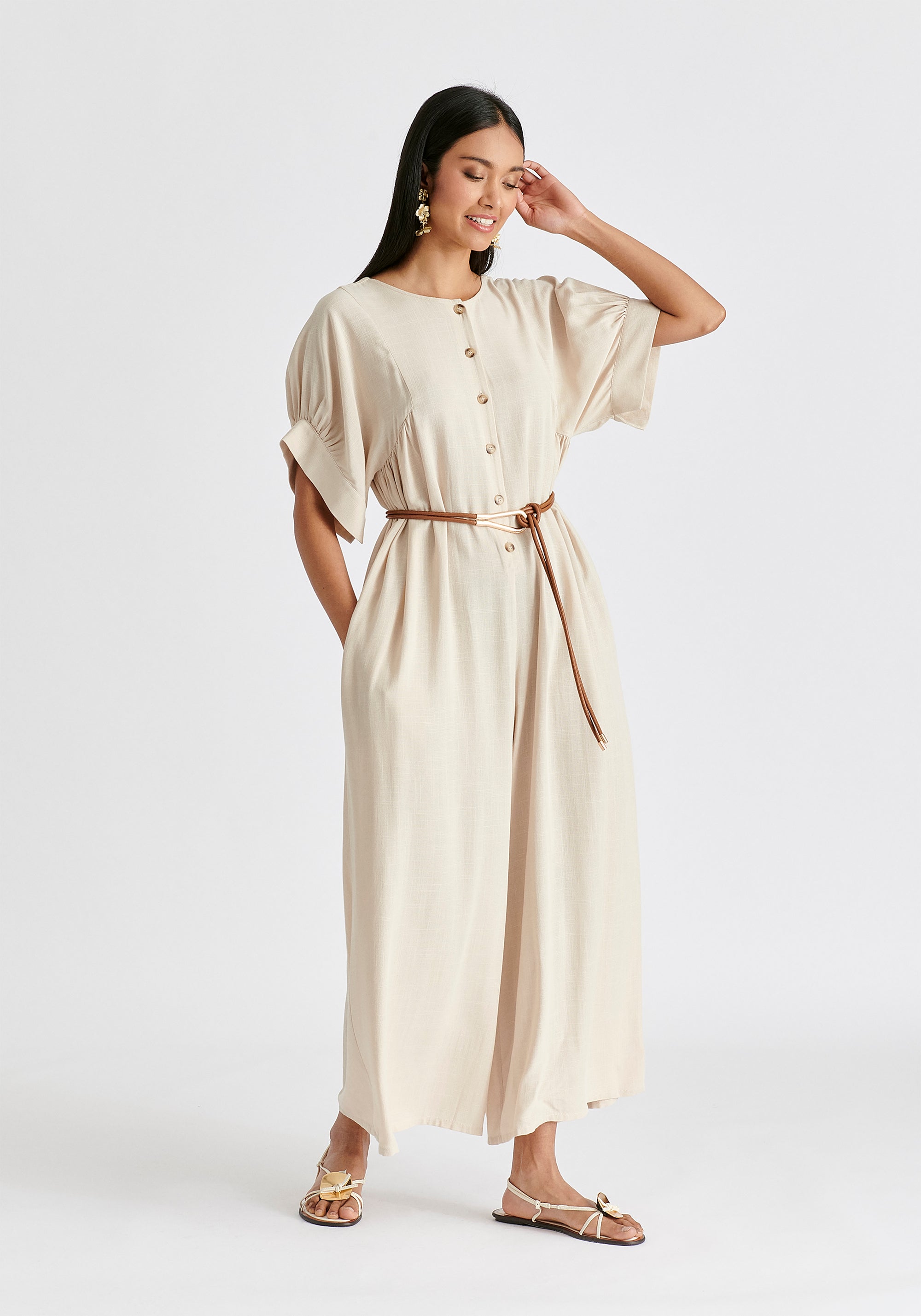 Relaxed Fit Wide Leg Jumpsuit with Belt in Oatmeal Side