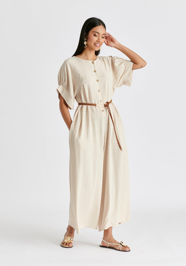 Relaxed Fit Wide Leg Jumpsuit with Belt in Oatmeal Side