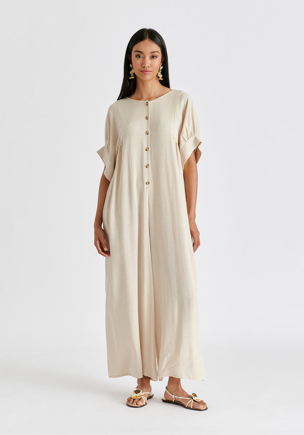 Relaxed Fit Wide Leg Jumpsuit with Belt in Oatmeal Front