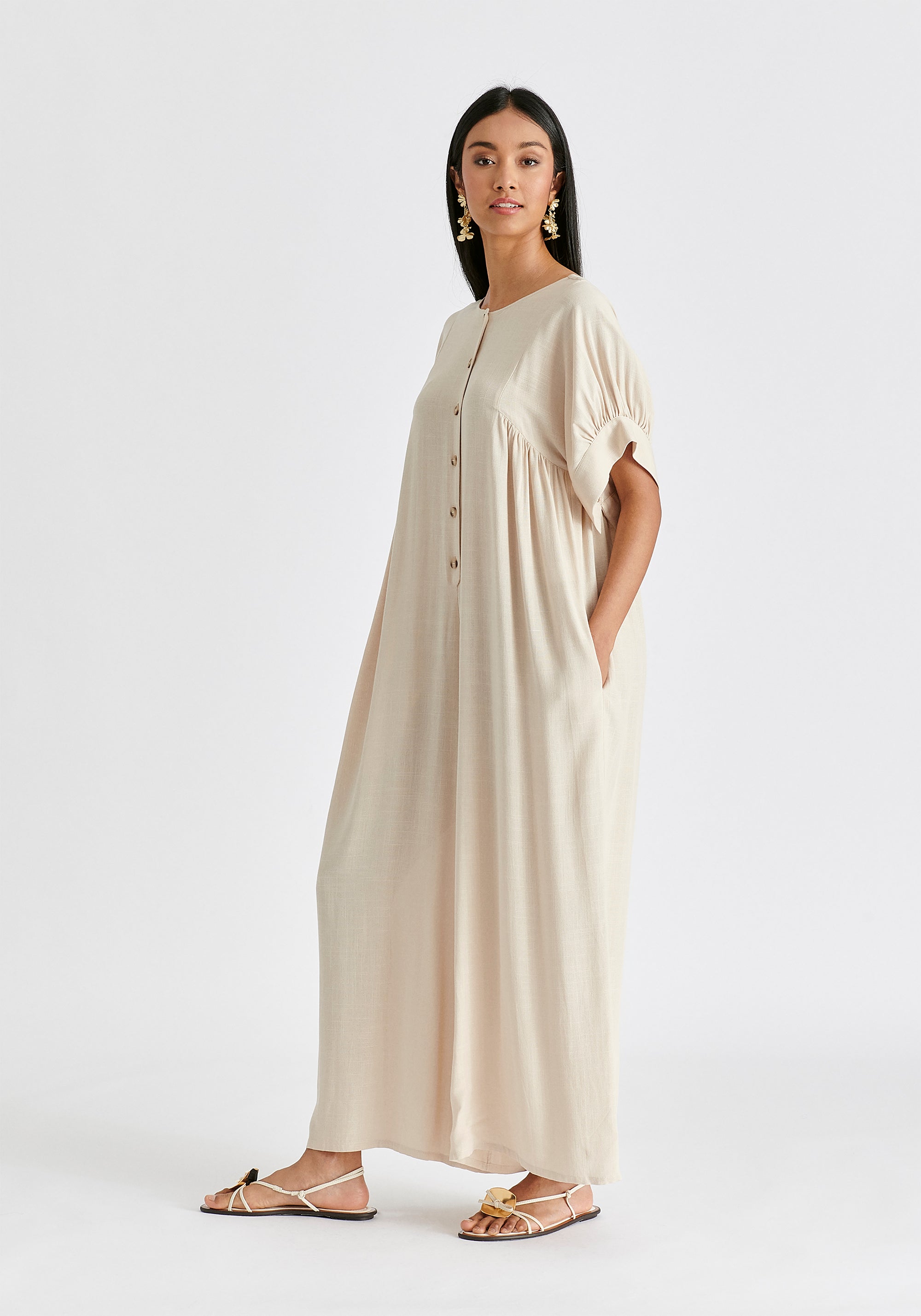 Relaxed Fit Wide Leg Jumpsuit with Belt in Oatmeal Side