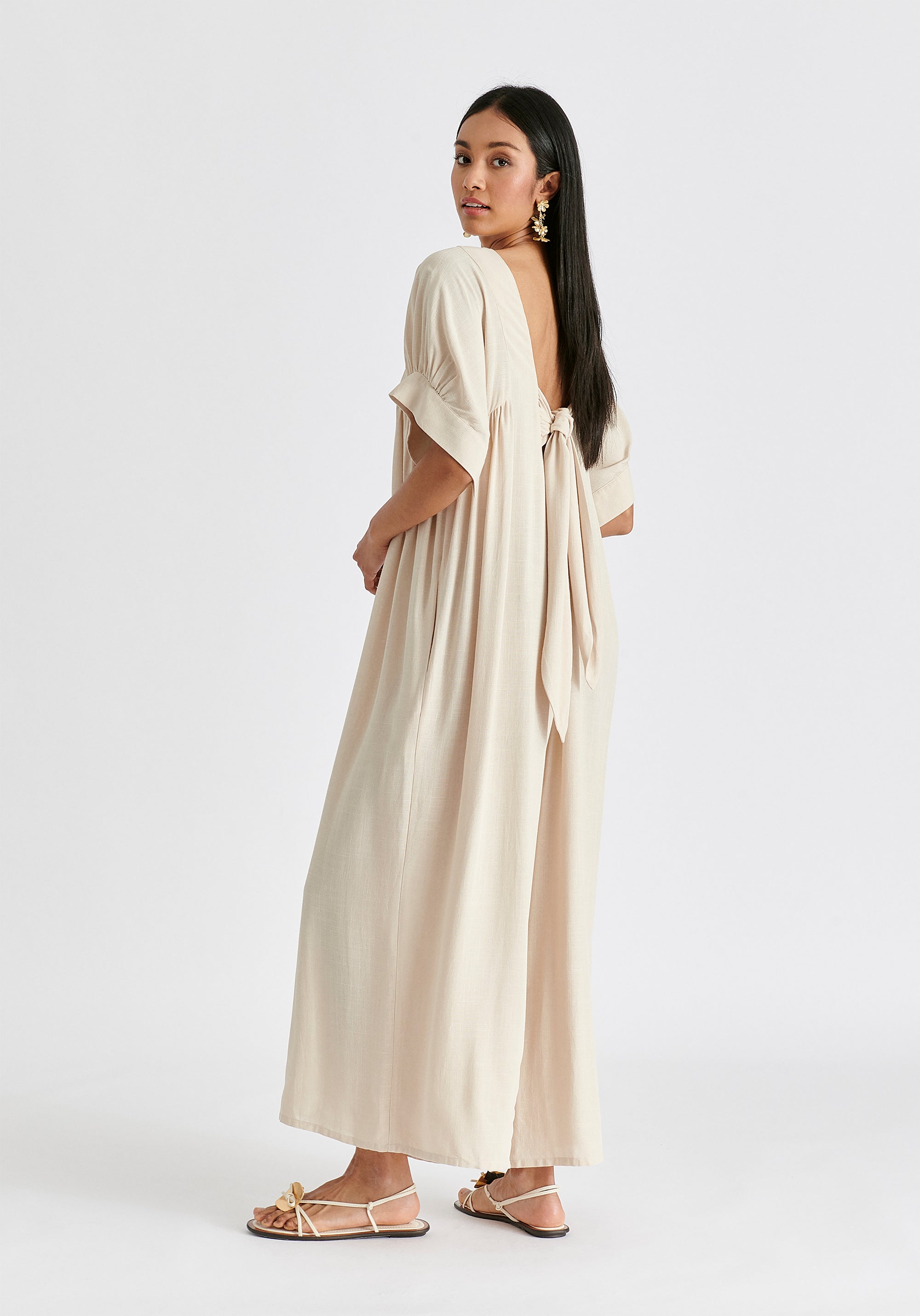 Relaxed Fit Wide Leg Jumpsuit with Belt in Oatmeal Back