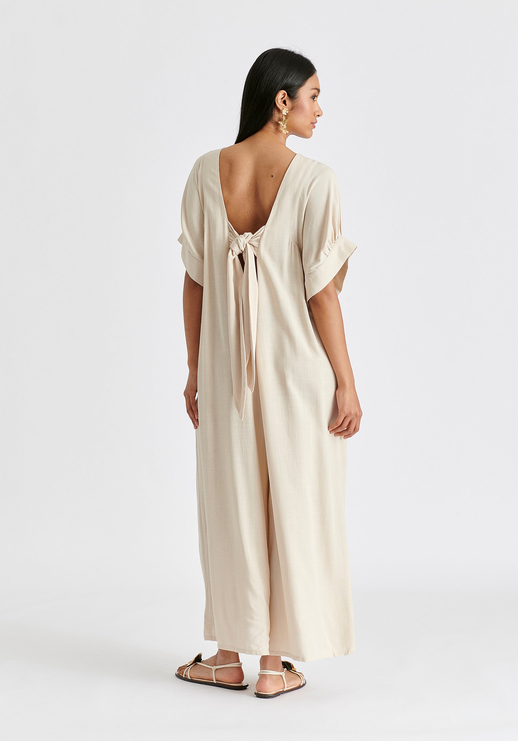 Relaxed Fit Wide Leg Jumpsuit with Belt in Oatmeal Back