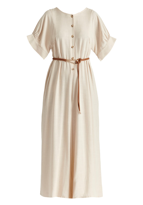 Relaxed Fit Wide Leg Jumpsuit with Belt in Oatmeal Cutout