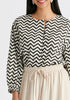 Buttoned Mid Sleeve Top in Zigzag Pattern in White and Black Closeup