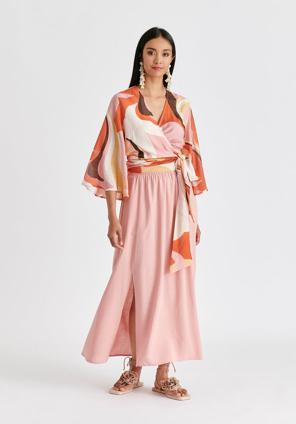 Retro Wave Wrap Kimono Blouse in Red, Pink, Peach, Brown and White Front