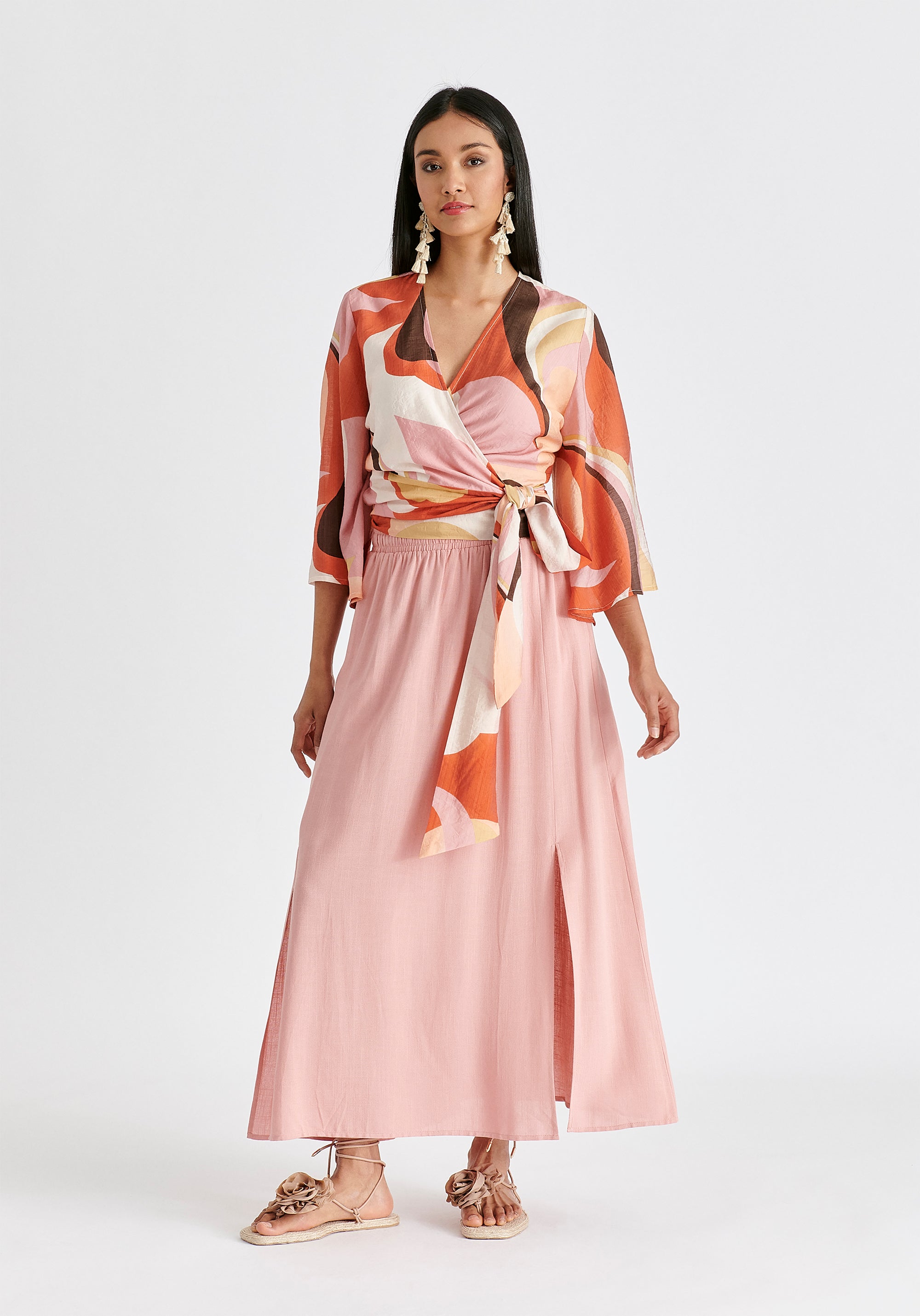 Retro Wave Wrap Kimono Blouse in Red, Pink, Peach, Brown and White Front