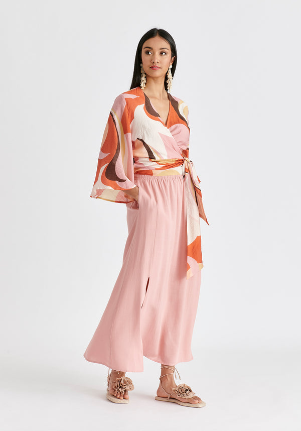 Retro Wave Wrap Kimono Blouse in Red, Pink, Peach, Brown and White