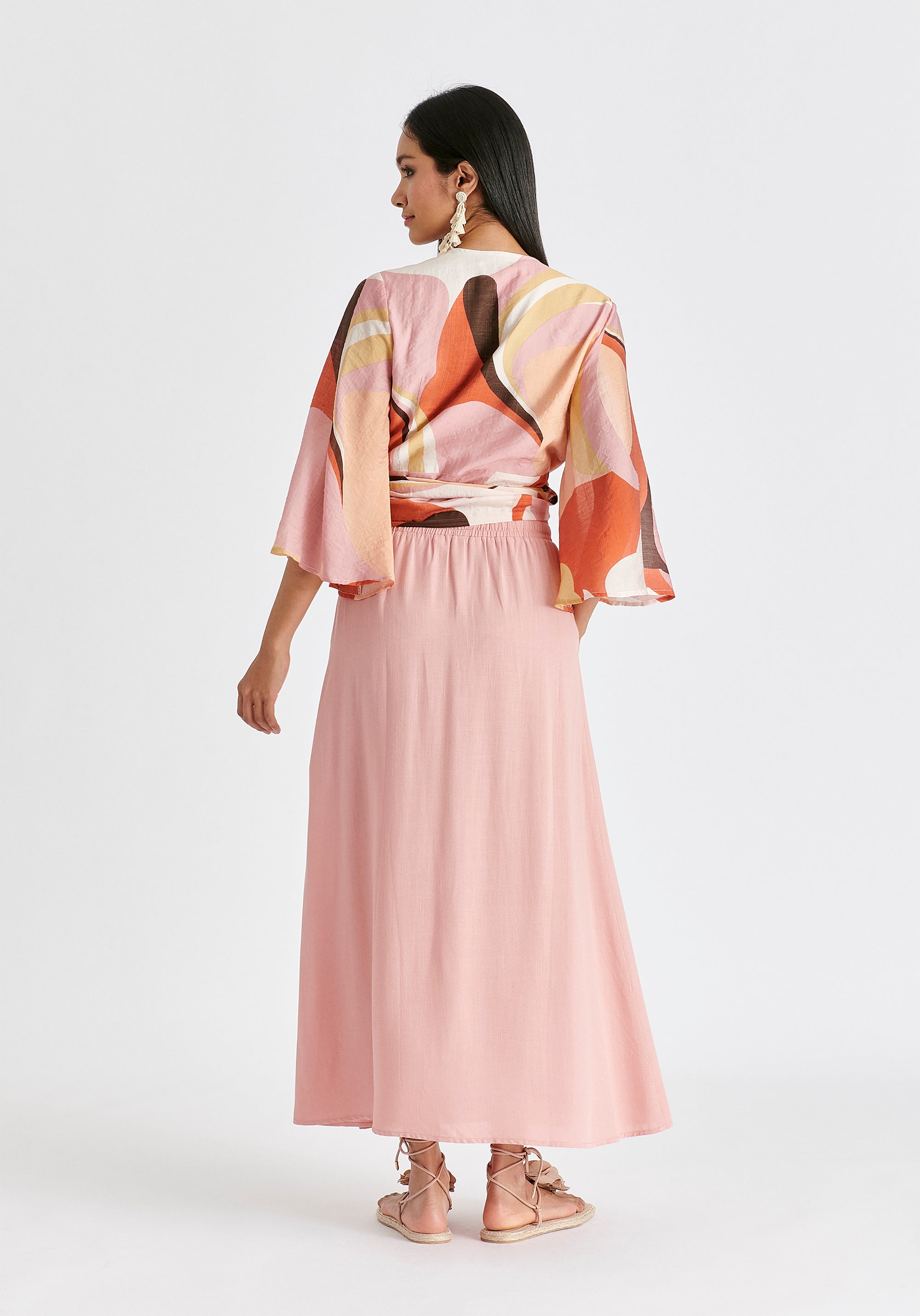 Retro Wave Wrap Kimono Blouse in Red, Pink, Peach, Brown and White Back