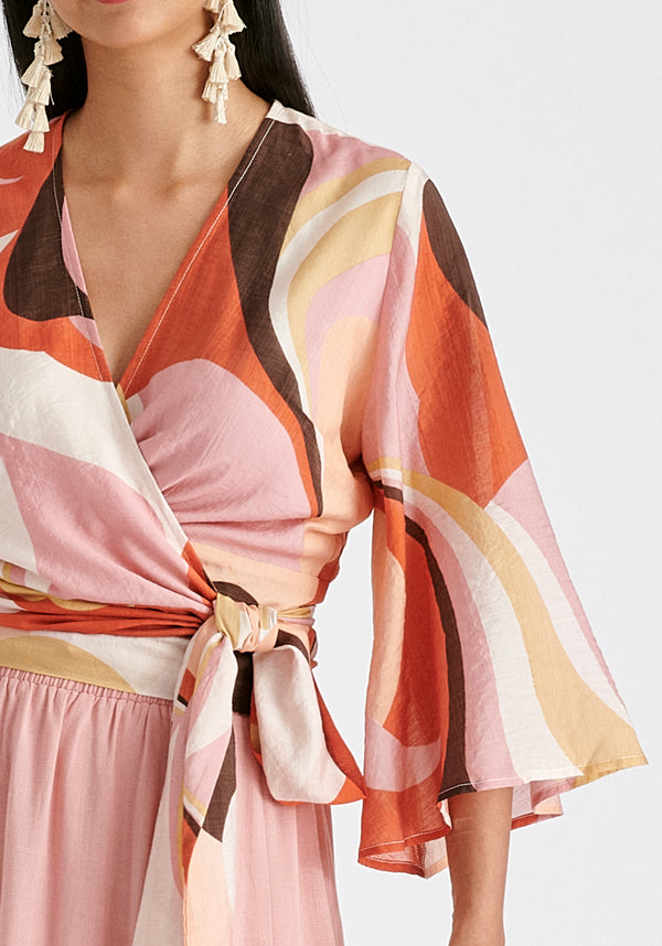 Retro Wave Wrap Kimono Blouse in Red, Pink, Peach, Brown and White Closeup