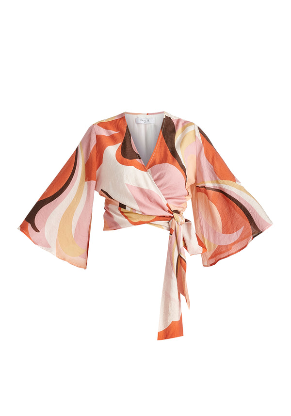 Retro Wave Wrap Kimono Blouse in Red, Pink, Peach, Brown and White Cutout