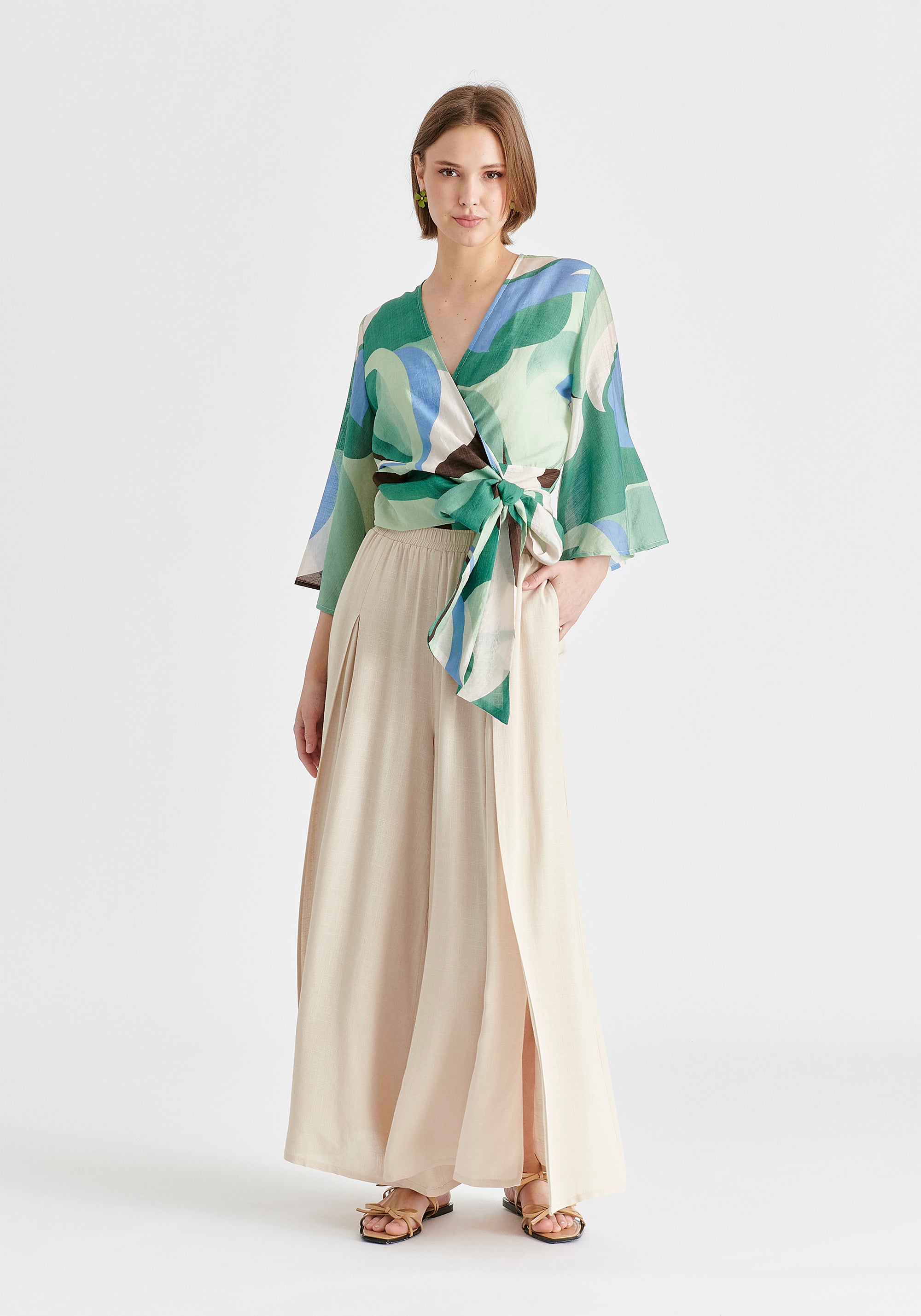 Retro Wave Wrap Kimono Blouse in Green, Brown, Blue, Mint and White Front