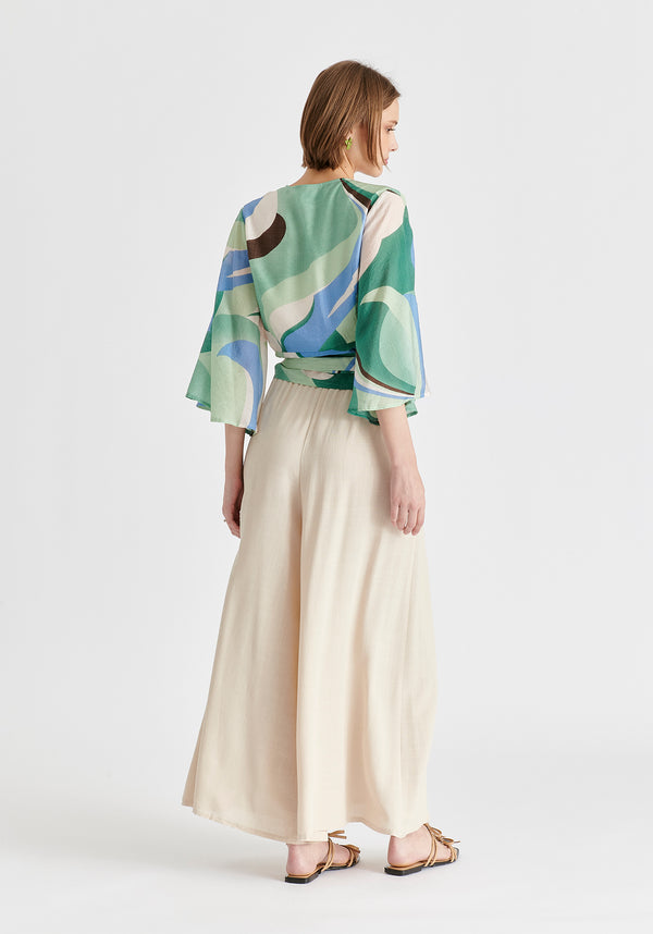 Retro Wave Wrap Kimono Blouse in Green, Brown, Blue, Mint and White Back
