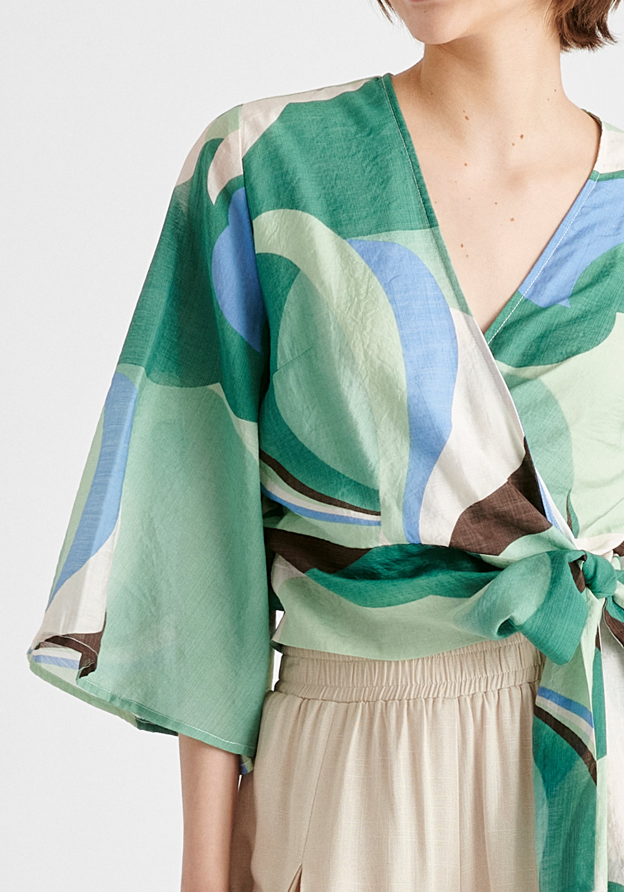 Retro Wave Wrap Kimono Blouse in Green, Brown, Blue, Mint and White Closeup