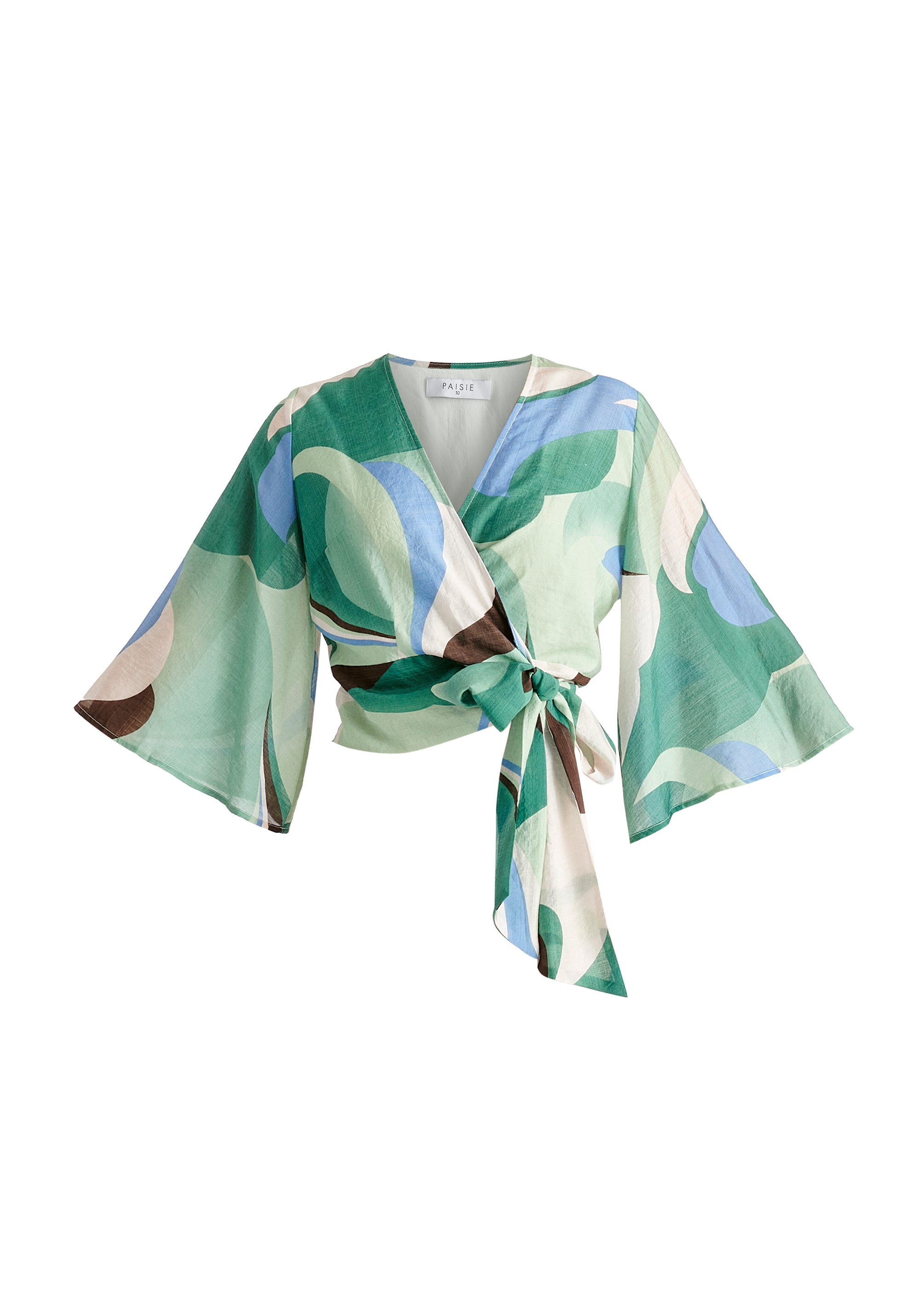 Retro Wave Wrap Kimono Blouse in Green, Brown, Blue, Mint and White Side Cutout