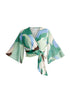Retro Wave Wrap Kimono Blouse in Green, Brown, Blue, Mint and White Side Cutout