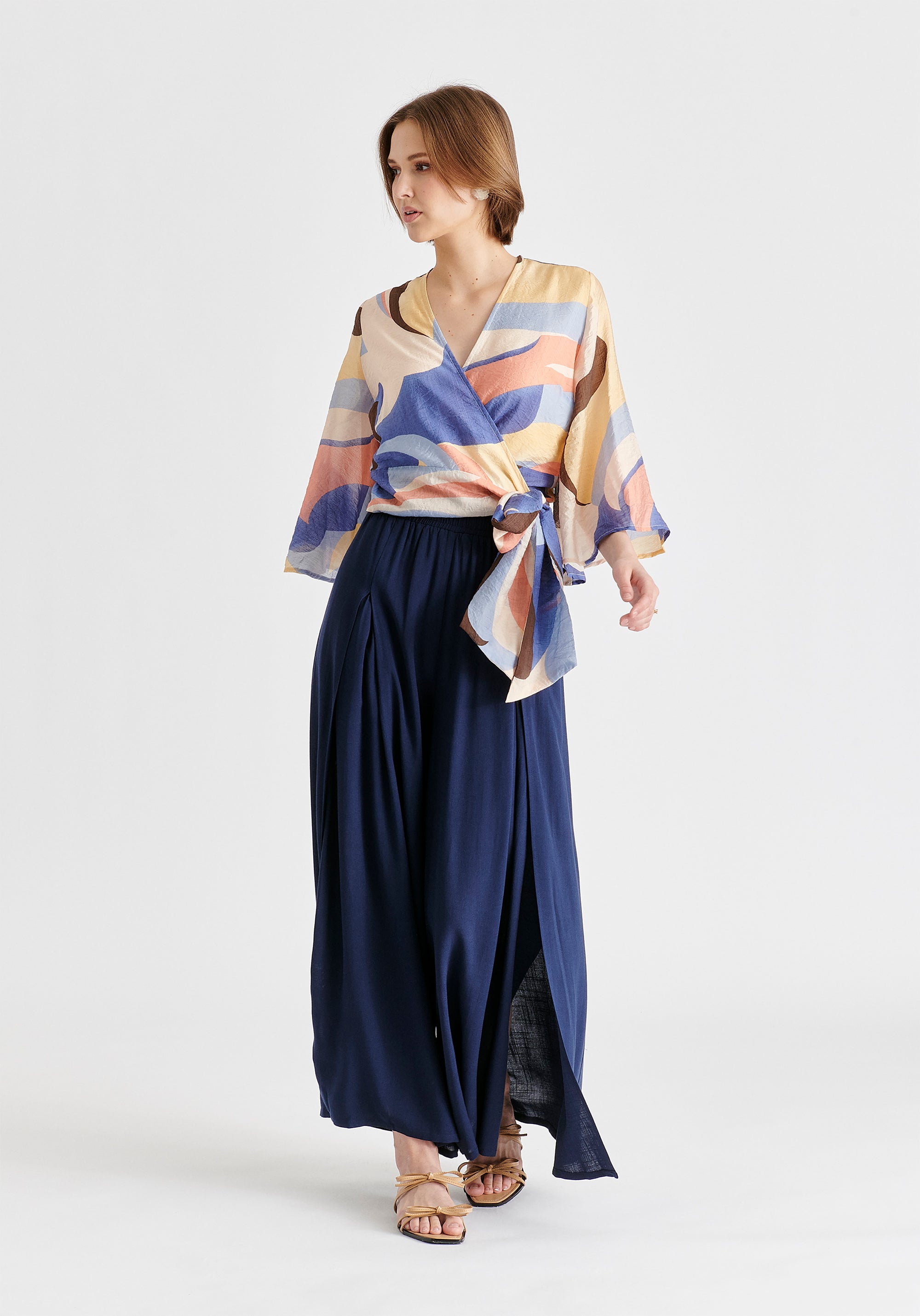 Retro Wave Wrap Kimono Blouse in Blue, Brown, Pastel Yellow, Pink and White Side