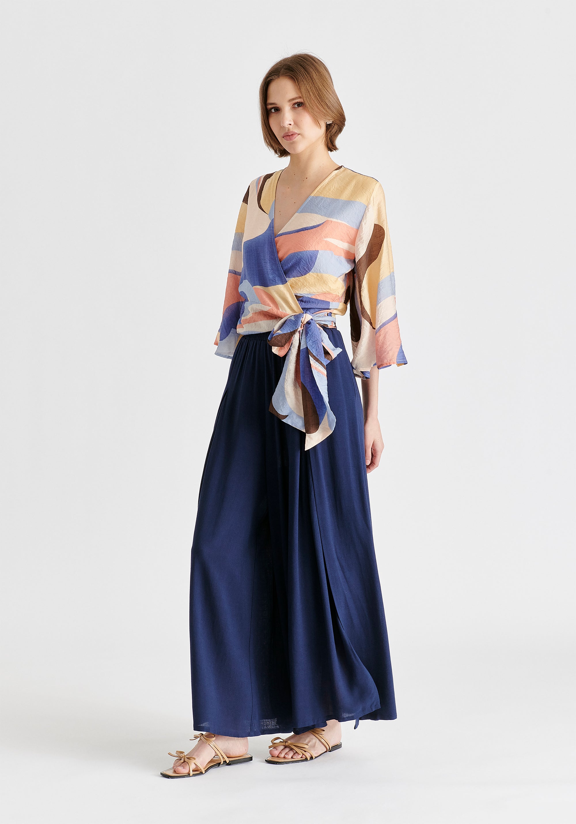 Retro Wave Wrap Kimono Blouse in Blue, Brown, Pastel Yellow, Pink and White Sidee