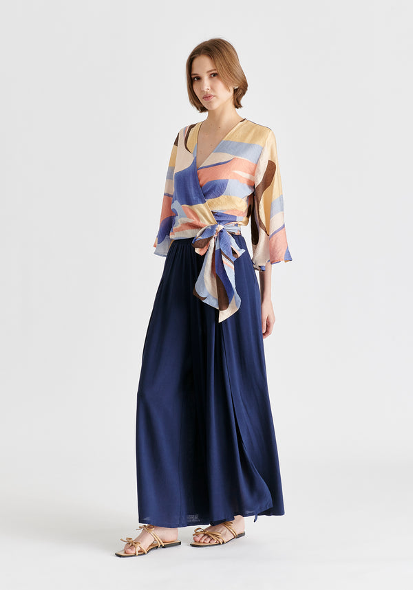 Retro Wave Wrap Kimono Blouse in Blue, Brown, Pastel Yellow, Pink and White Sidee