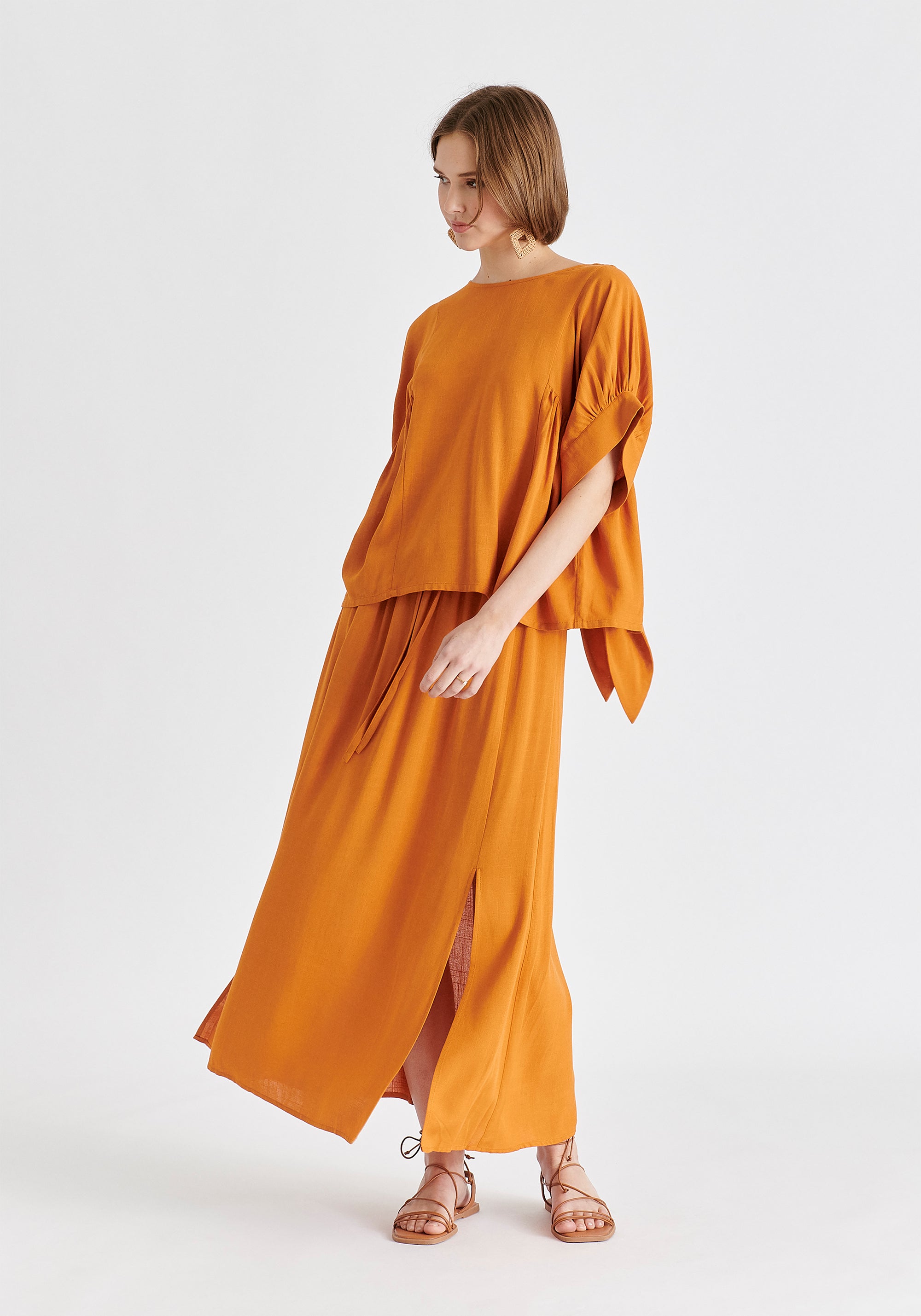 Relaxed Fit Top with Back Bow Detail in Ochre Yellow Side