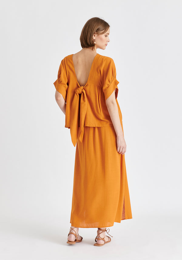 Relaxed Fit Top with Back Bow Detail in Ochre Yellow Back