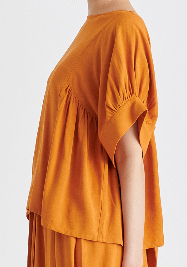 Relaxed Fit Top with Back Bow Detail in Ochre Yellow Closeup