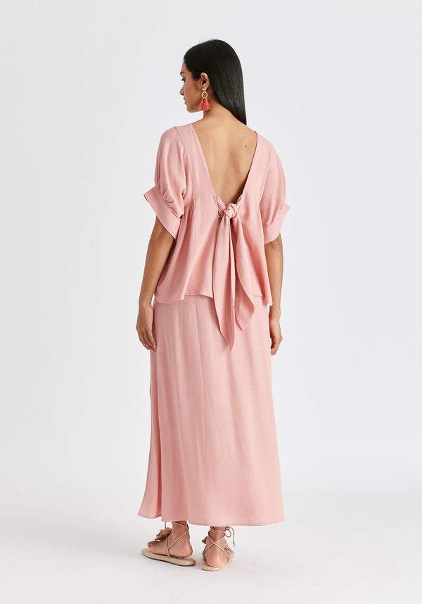 Relaxed Fit Top with Back Bow Detail in Pink Back