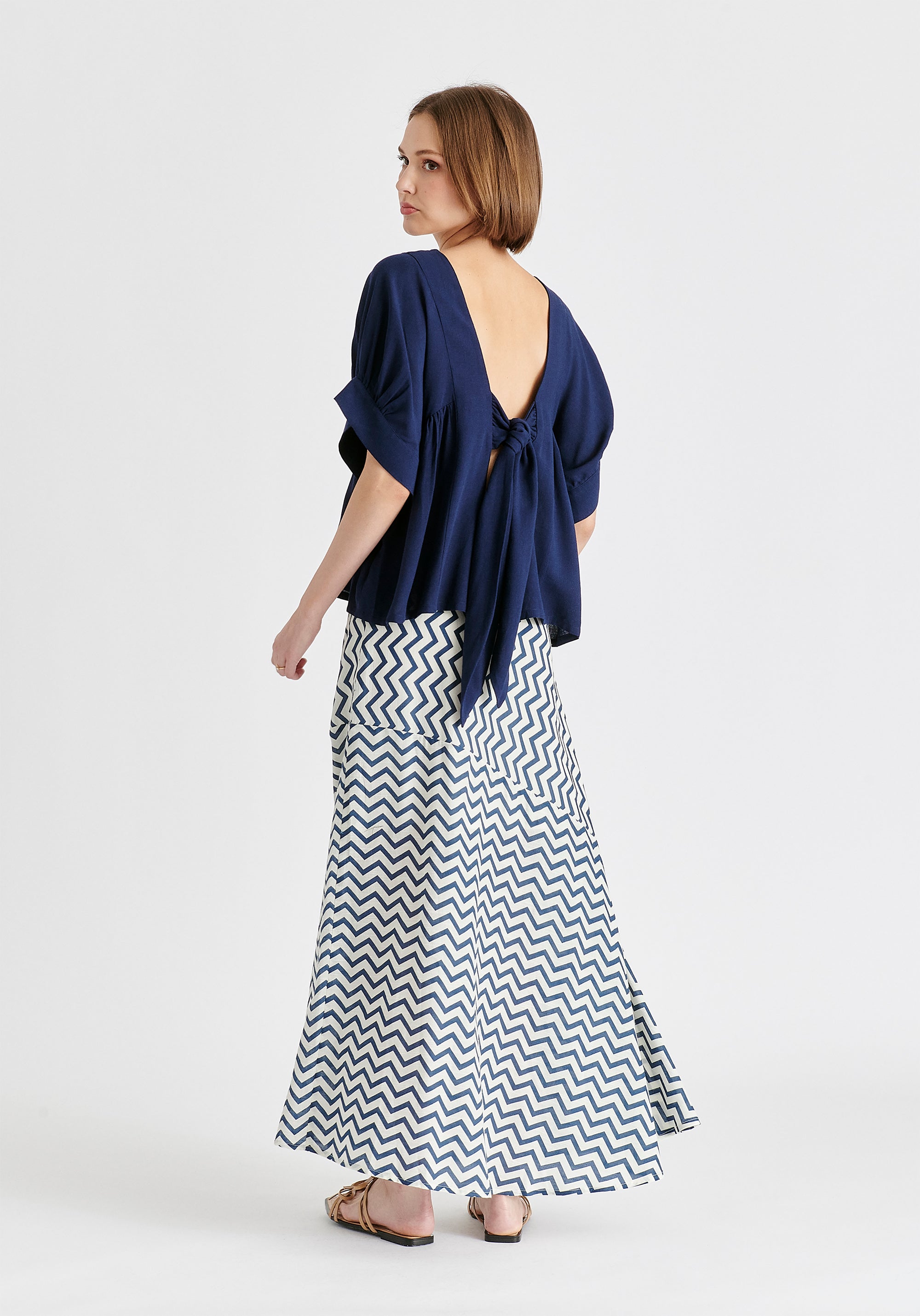 Relaxed Fit Top with Back Bow Detail on Navy Back