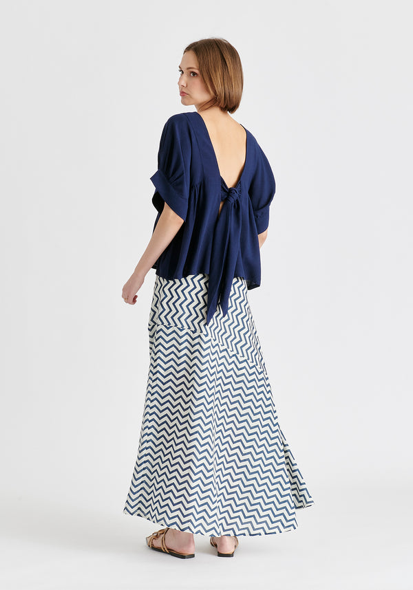 Relaxed Fit Top with Back Bow Detail on Navy Back