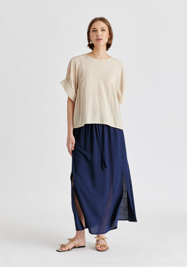 Relaxed Fit Top with Back Bow Detail in Oatmeal Front