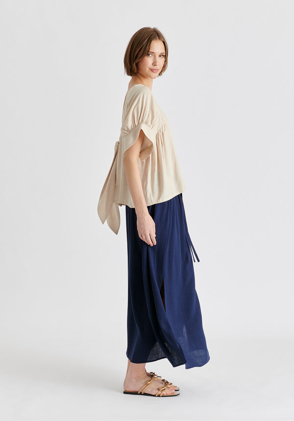 Relaxed Fit Top with Back Bow Detail in Oatmeal Side