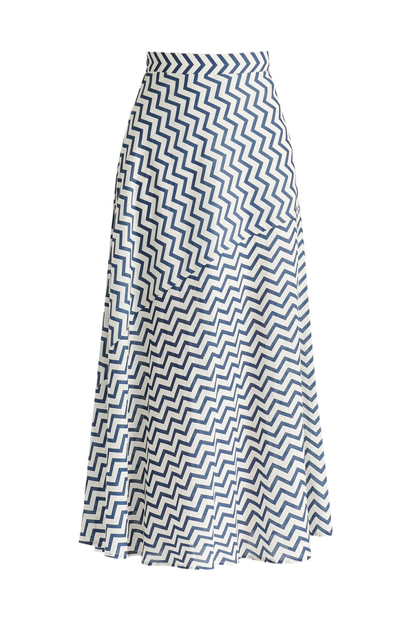 Maxi Skirt in Zigzag Pattern in White and Blue Closeup