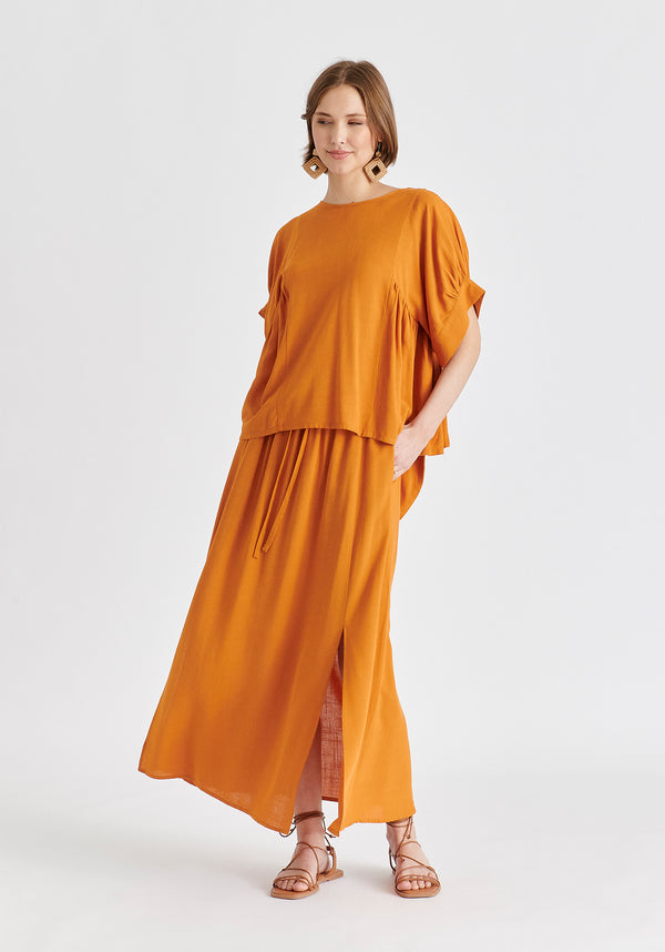 Side Splits Midi Skirt with Drawstring in Ochre Yellow Front