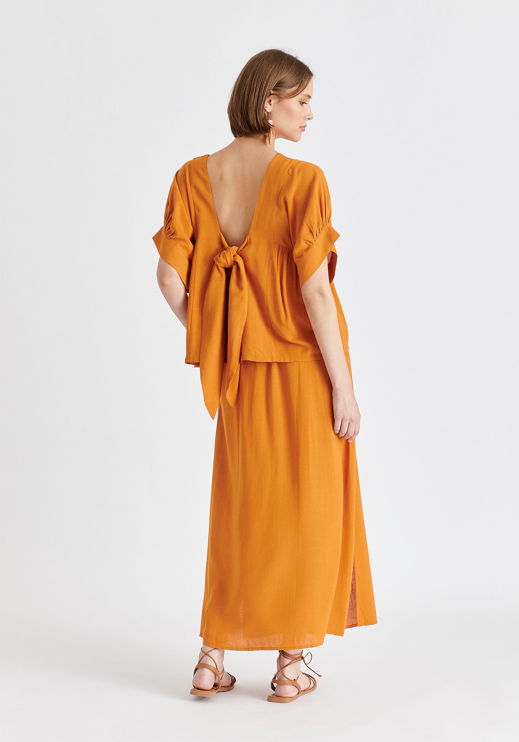 Side Splits Midi Skirt with Drawstring in Ochre Yellow