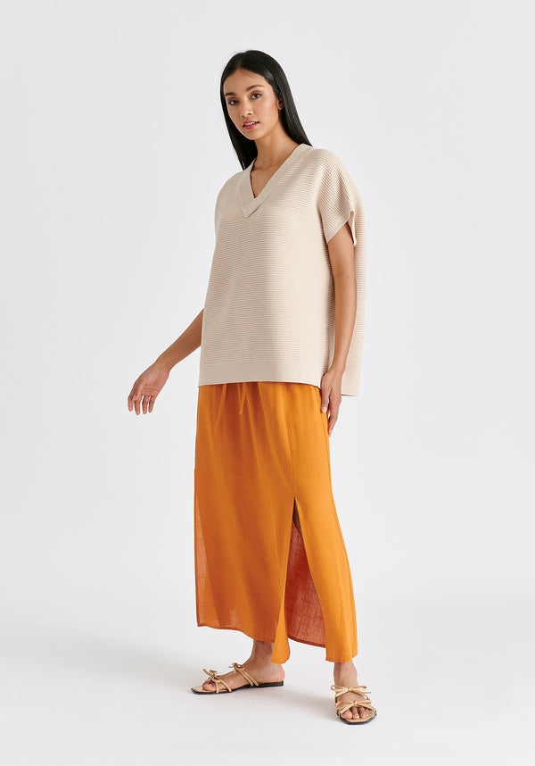 Side Splits Midi Skirt with Drawstring in Ochre Yellow Side