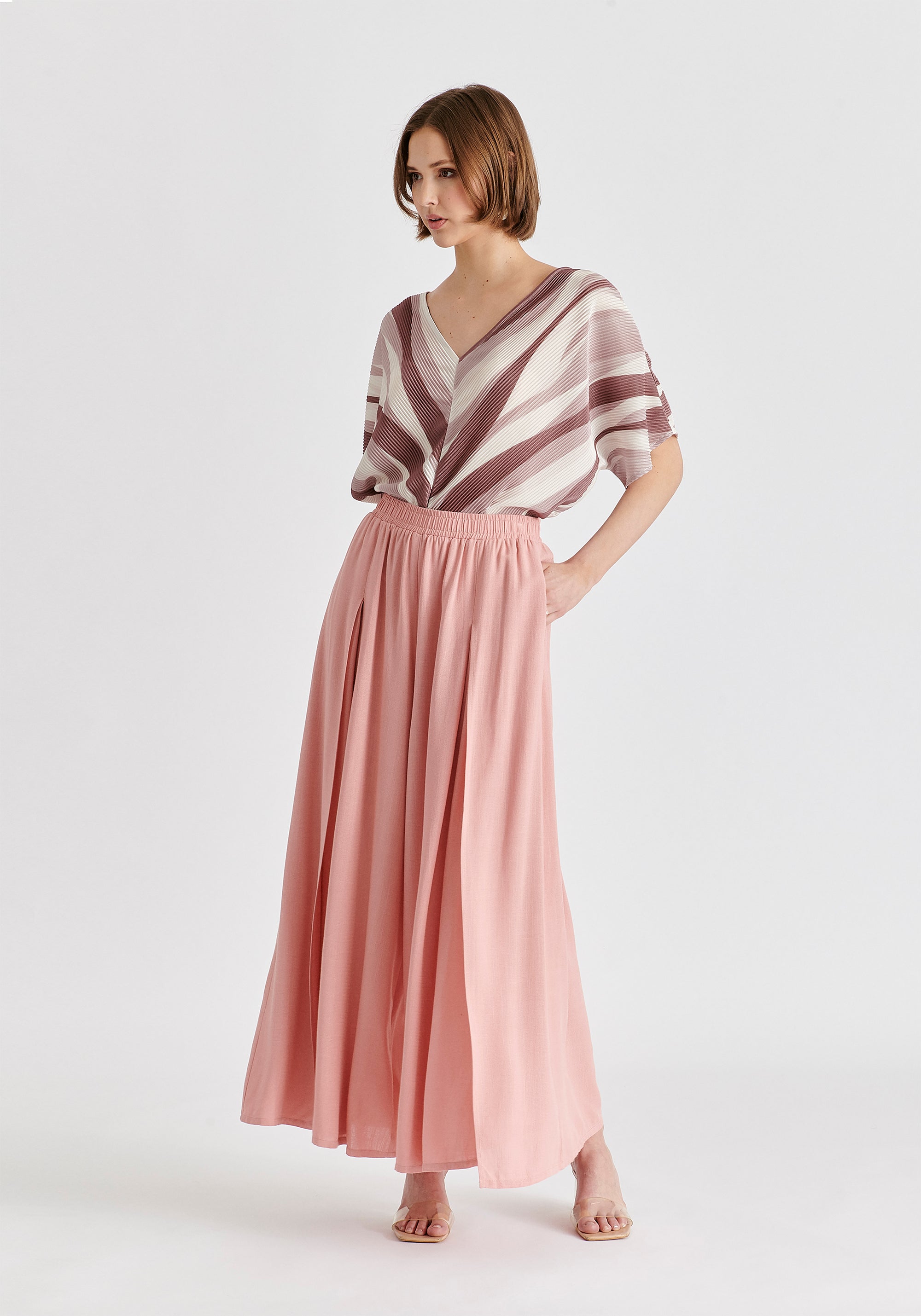 Flowy Palazzo Trousers with Open Front Splits in Pink Side