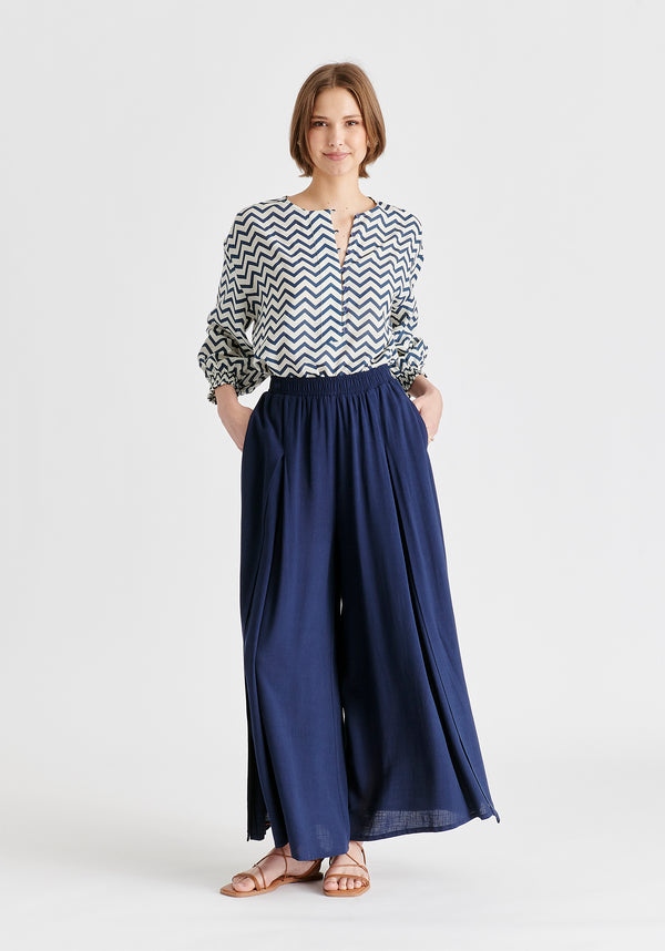 Flowy Palazzo Trousers with Open Front Splits in Navy