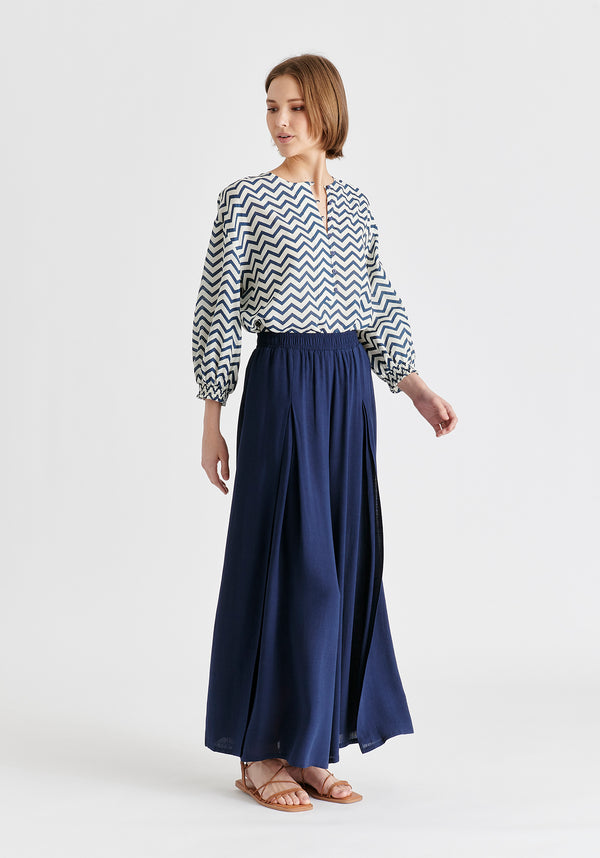 Flowy Palazzo Trousers with Open Front Splits in Navy Side