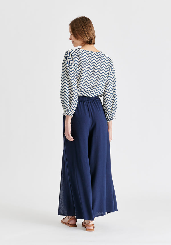 Flowy Palazzo Trousers with Open Front Splits in Navy Back