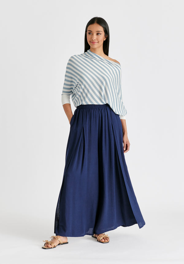 Flowy Palazzo Trousers with Open Front Splits in Navy Front