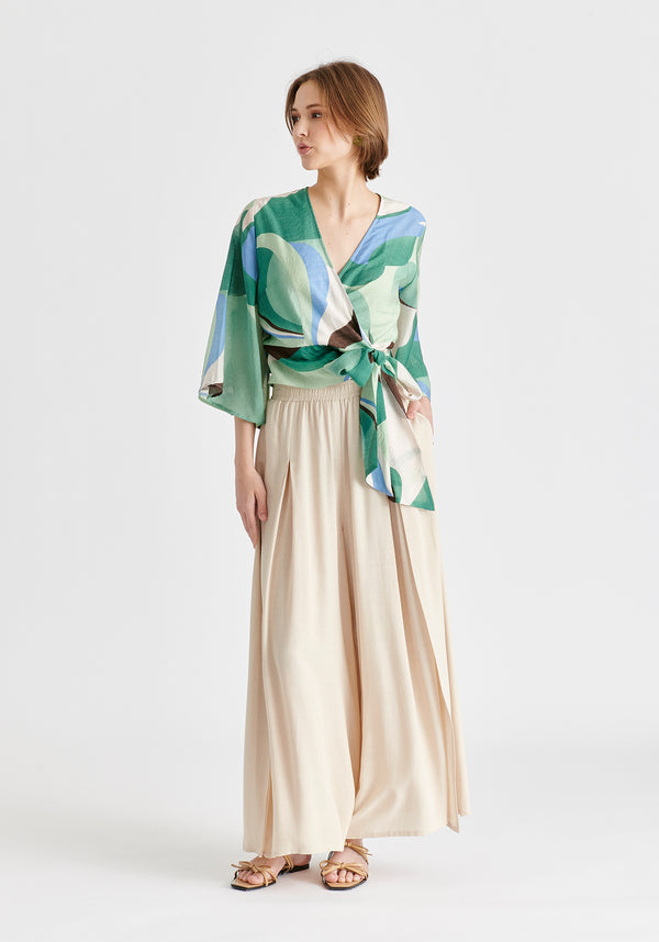 Flowy Palazzo Trousers with Open Front Splits in Oatmeal